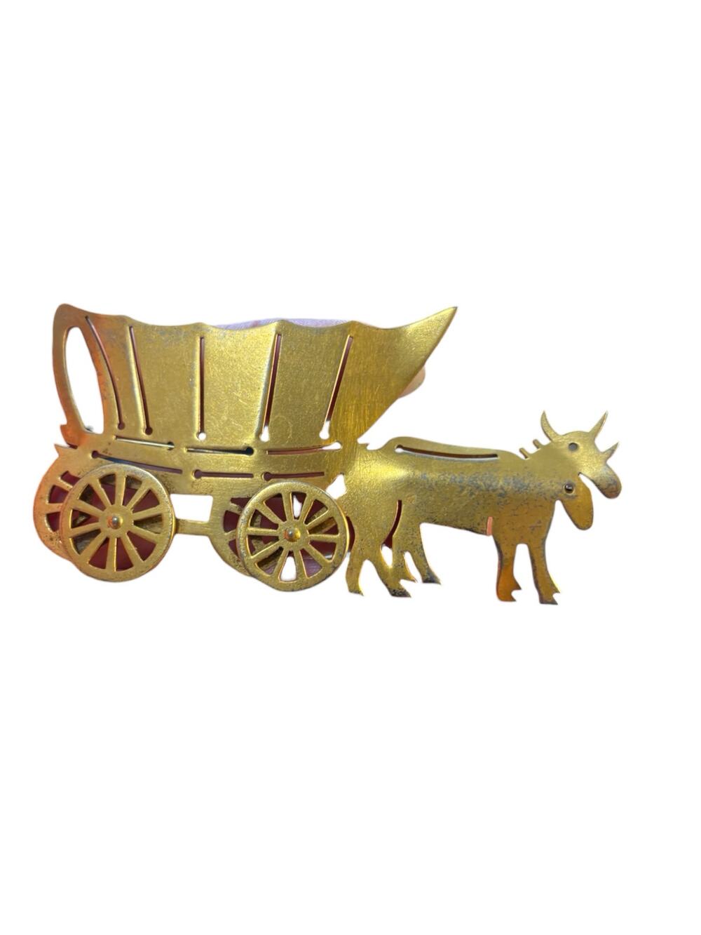 Vintage Brass Covered Wagon Brooch Western Figural Oxen Wagon Large Statement